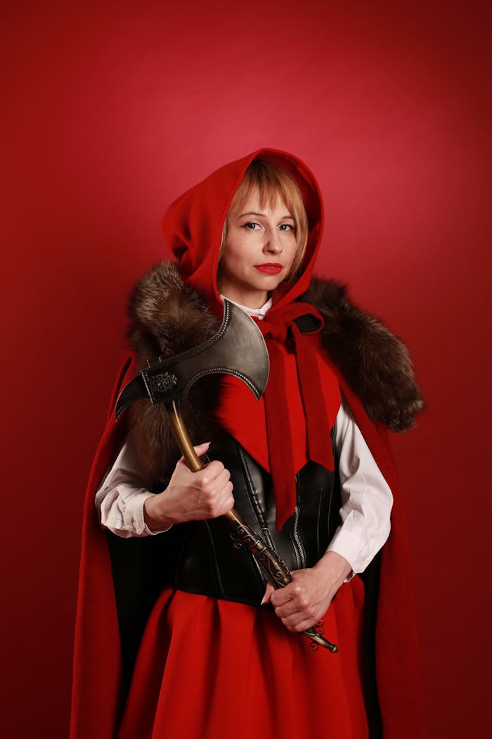 Woman in red hooded medieval costume holding a decorative axe in a studio setting.
